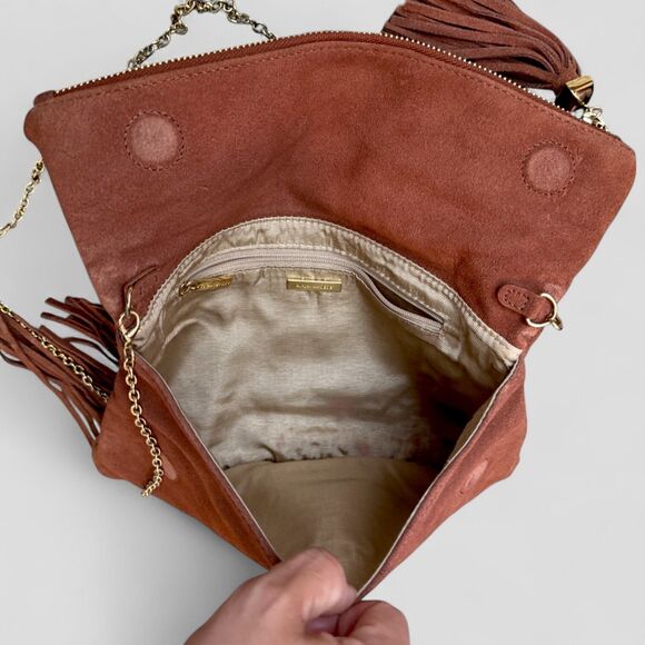 BCBGMAXAZARIA Crossbody Bag Brown Suede w/ Fringes Gold Chain Strap Purse - Picture 6 of 10